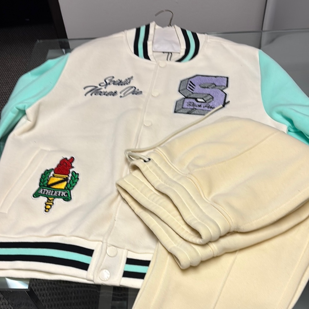 Cream and Mint Varsity Jacket with Pants Set